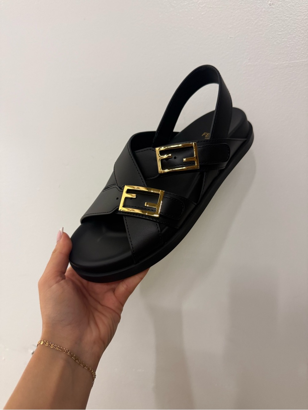 Fendi Black Leather Slingback Sandals with Gold Buckles